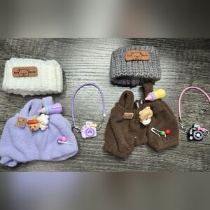 2 Sets Labubu Overall Outfits With Hat, Clip-on Baby Bottle And Camera Charm